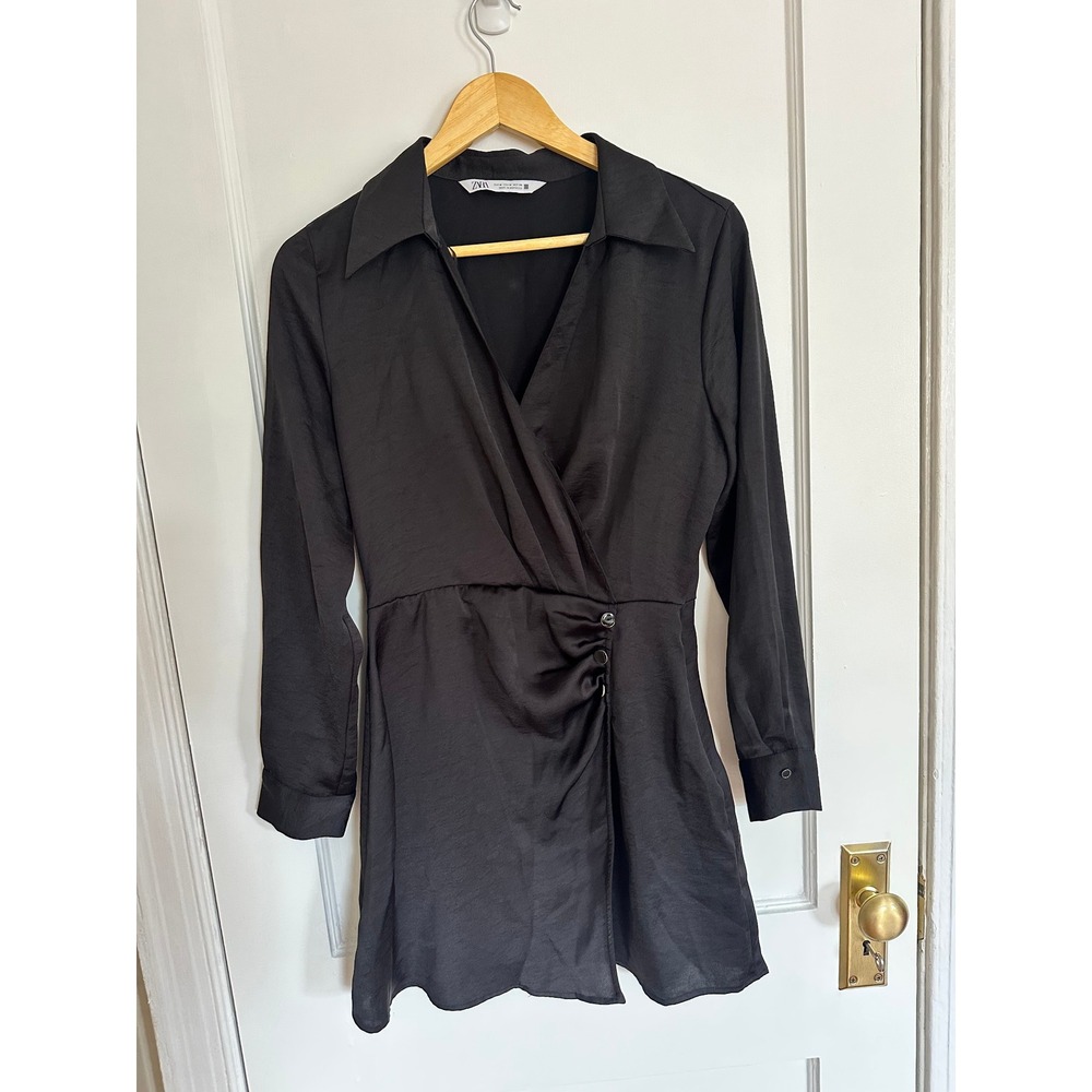 Zara Mini Dress Black Satin Long Sleeve Ruched Wrap Party LBD Night Out Cocktail